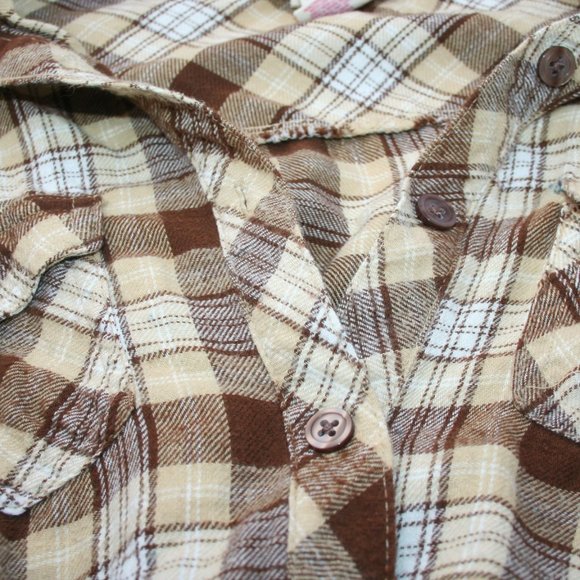 🍁CARAMEL PLAID BUTTON DOWN SHIRT SOFT FLANNEL LADIES JUNIORS XL TOP WAIST TIE - Picture 12 of 13
